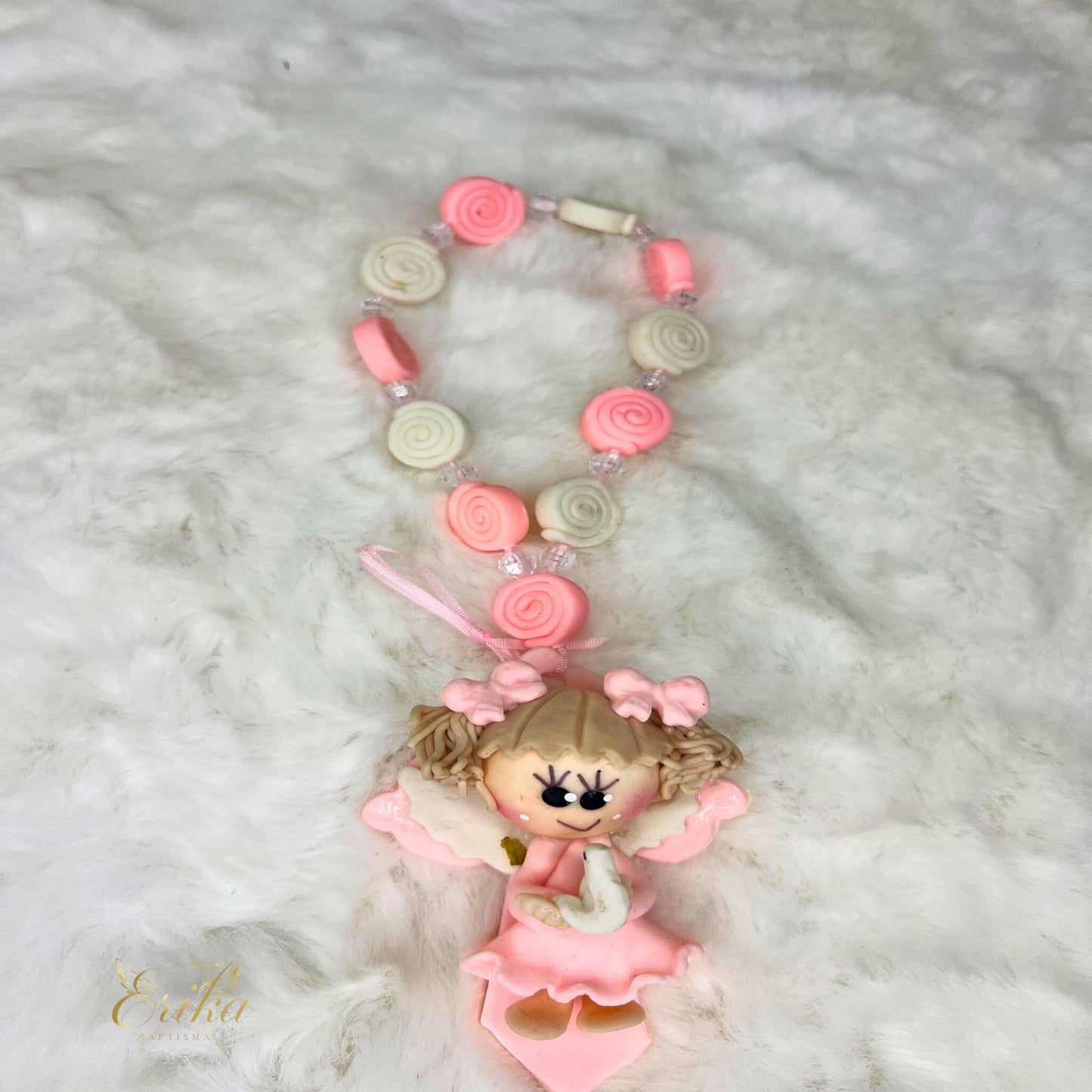 Colorful cold porcelain Virgin Mary mini rosary for baptism favors by Erika Baptismal
