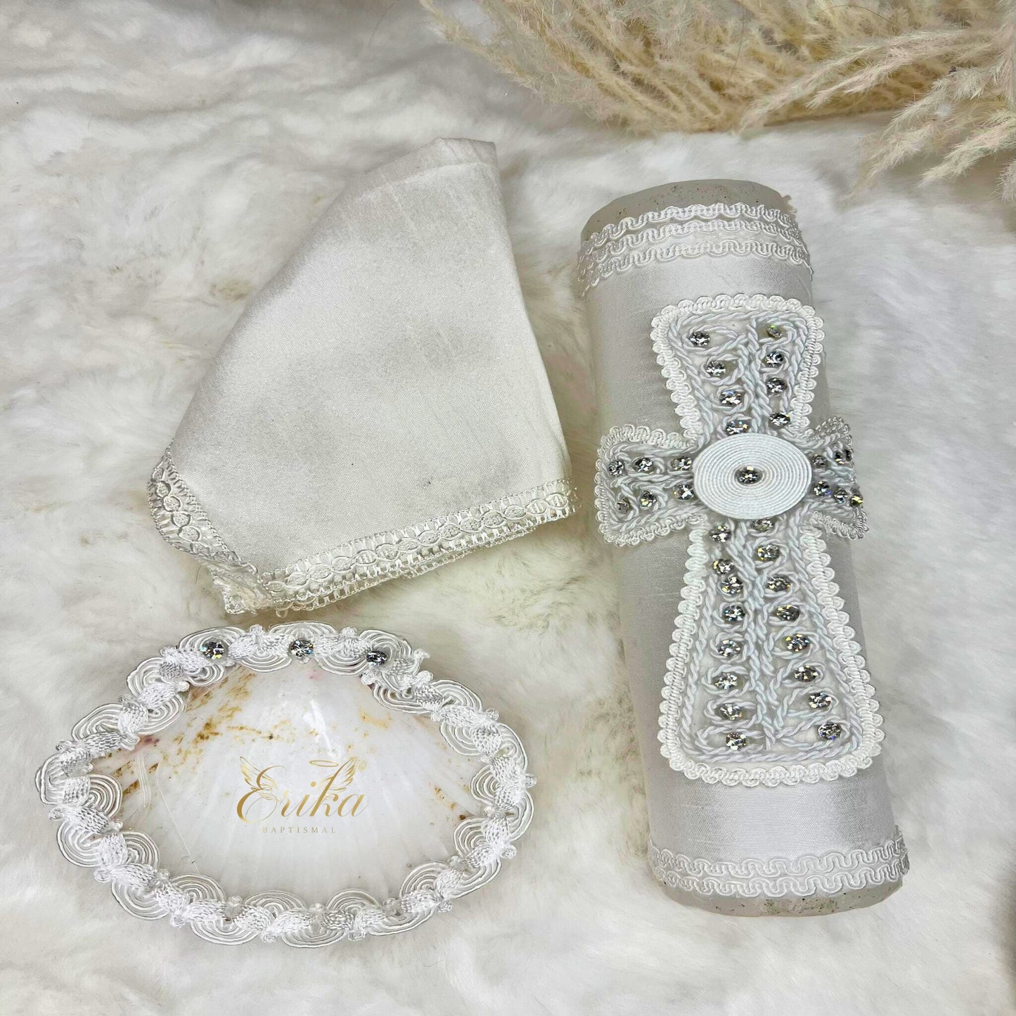 Custom-style boy's white christening set with hand-placed pearls and linen