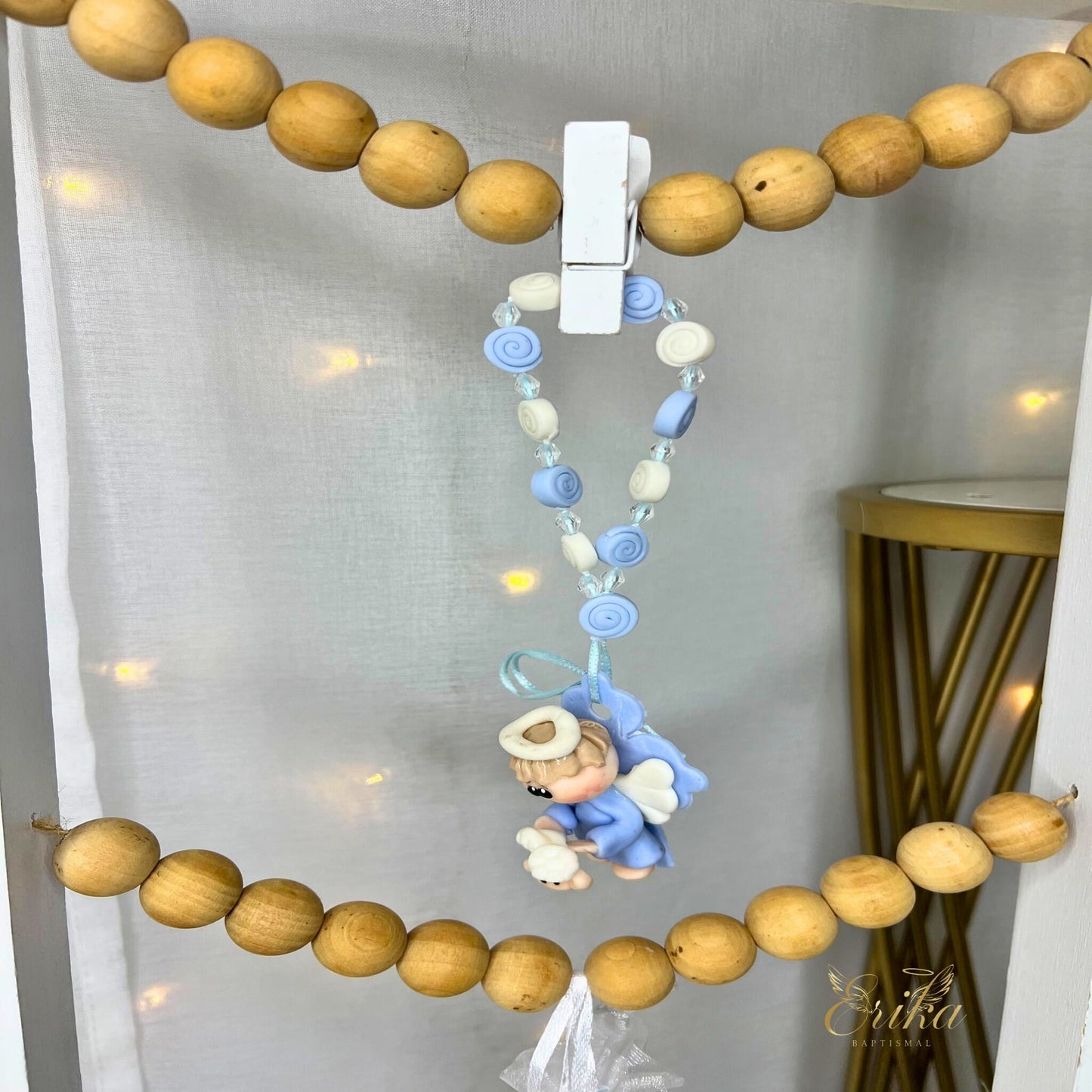 Handcrafted cold porcelain angel keepsake for boy's baptism by Erika Baptismal