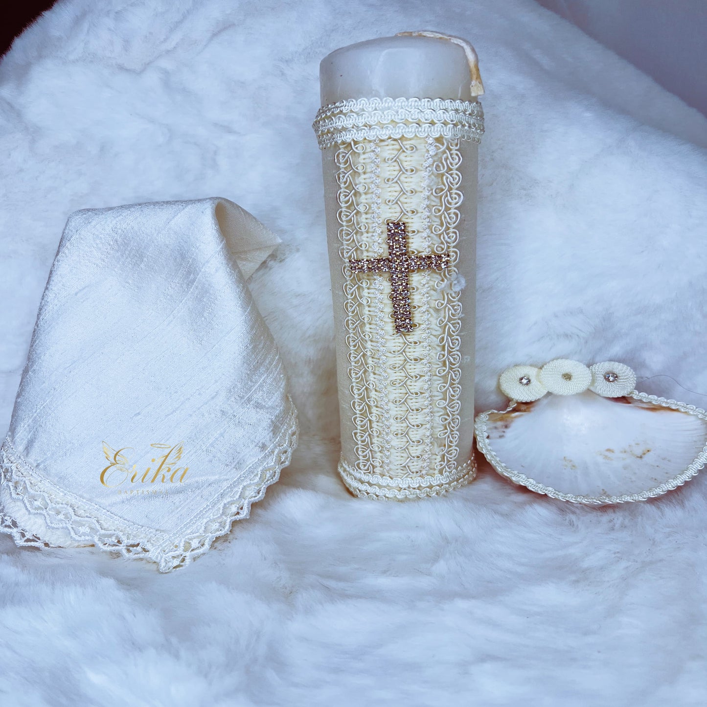 Simple white baptismal set for boys with a discrete crystal cross and shell