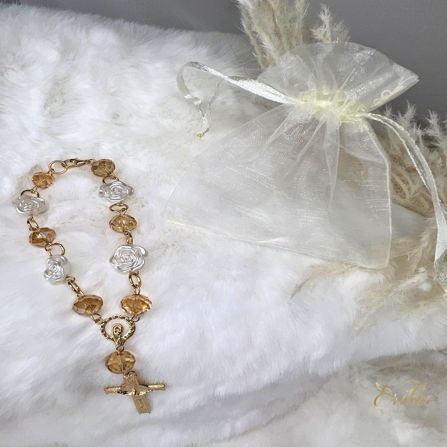 Hand-assembled crystal and gold mystery for baptismal guest favors by Erika Baptismal