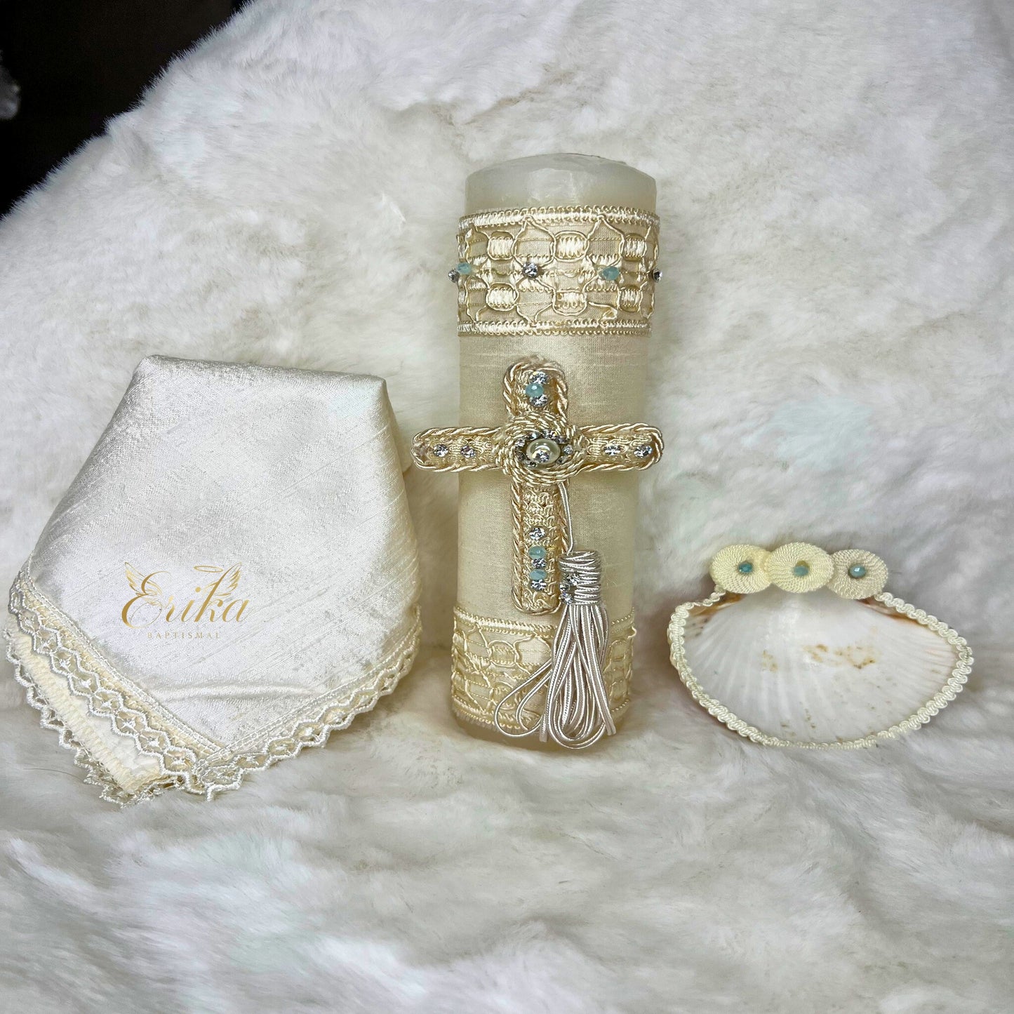Boy's baptismal set with a pearl cross and discrete light blue jeweled details