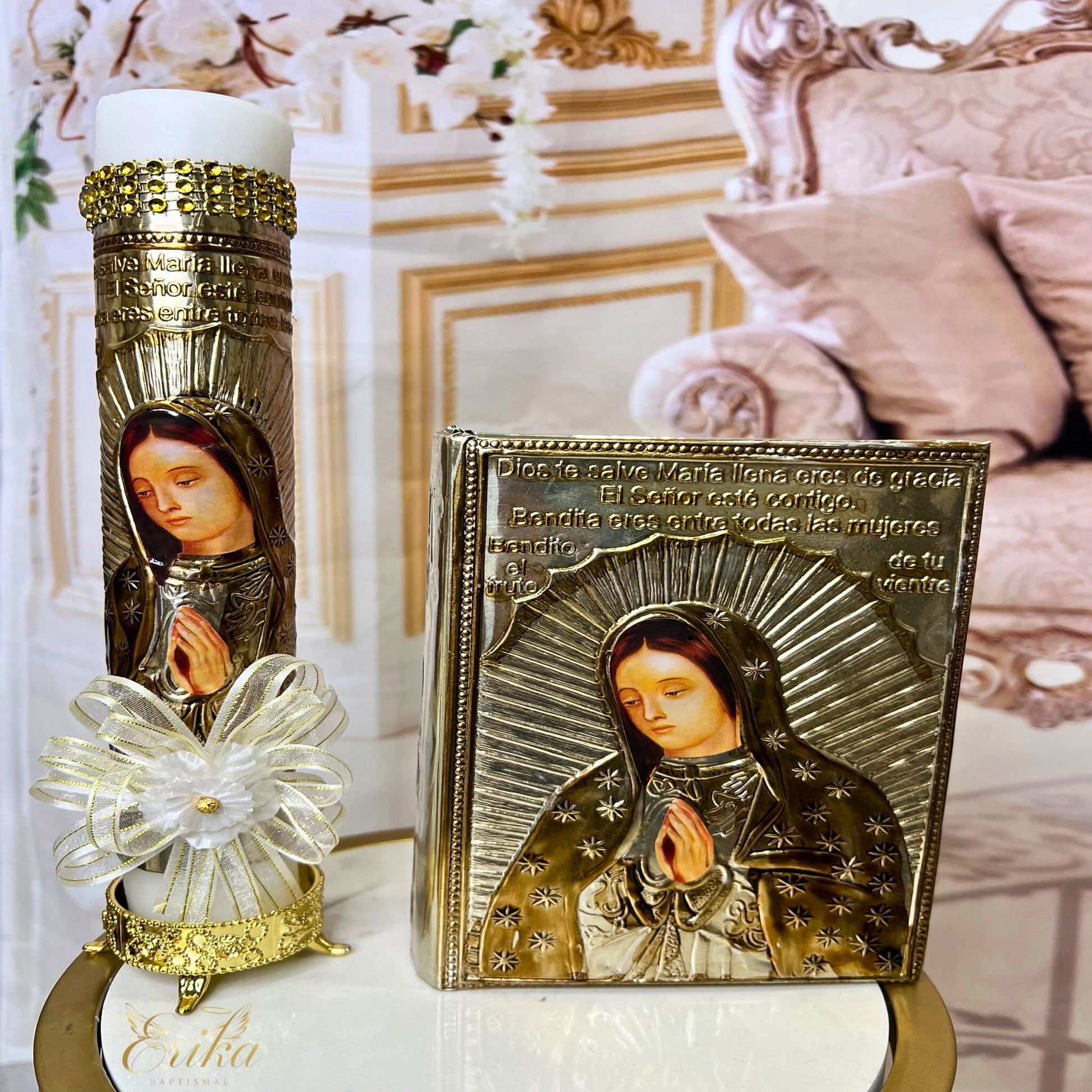 candle set with embossed metal design of the Virgin of Guadalupe by Erika Baptismal for baptism ceremony and keepsake