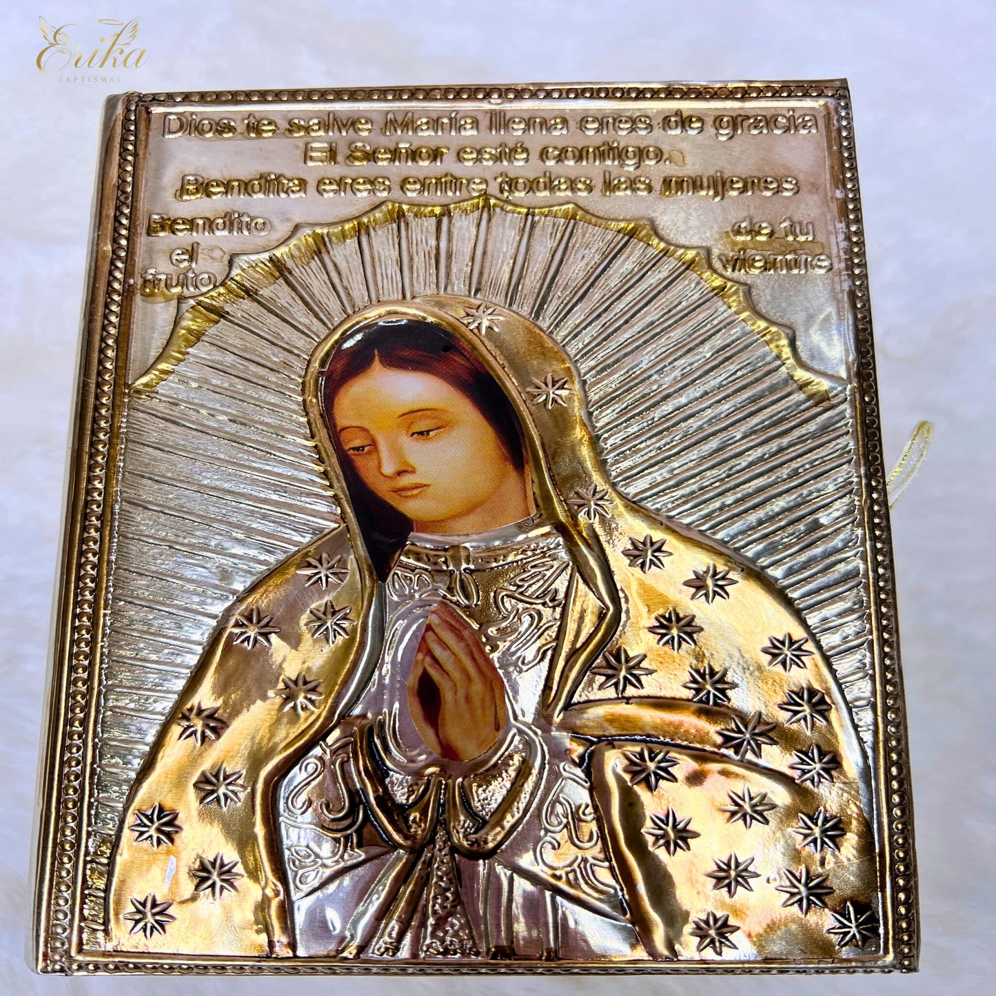 elegant candle set with metal embossed Virgin of Guadalupe by Erika Baptismal with refined finish