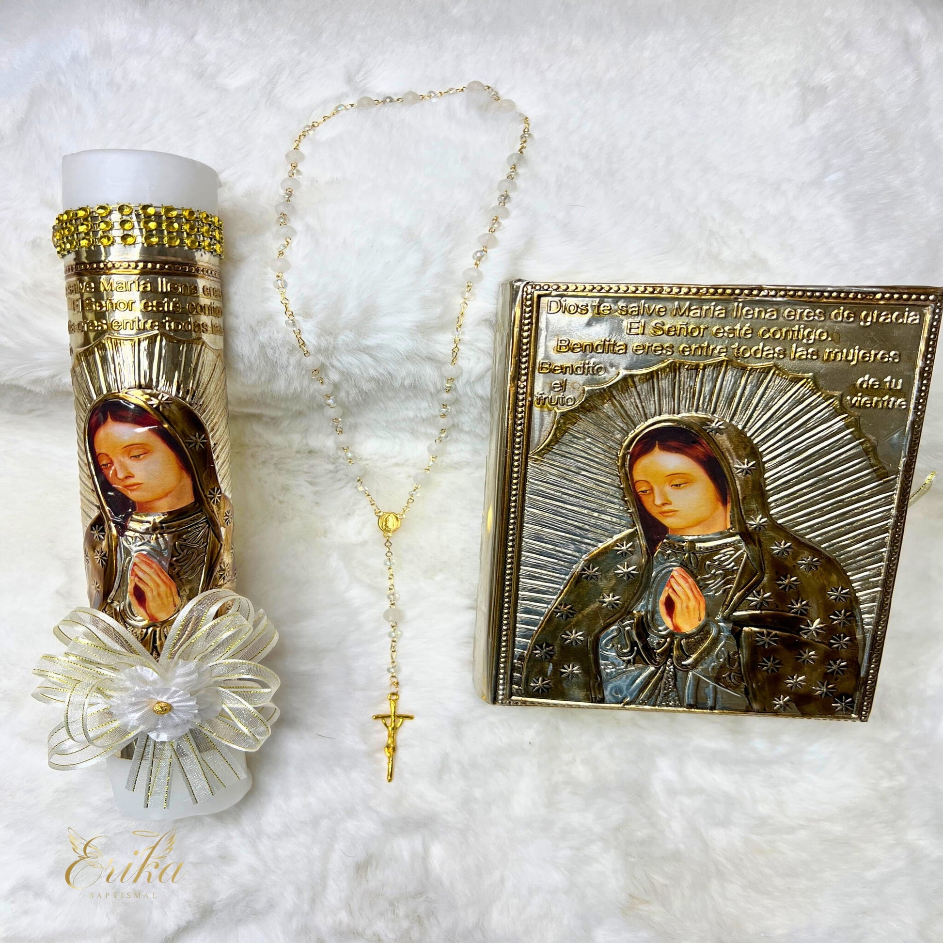 baptism candle set featuring embossed metal Virgin of Guadalupe by Erika Baptismal with elegant religious design
