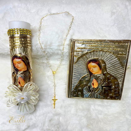 baptism candle set featuring embossed metal Virgin of Guadalupe by Erika Baptismal with elegant religious design