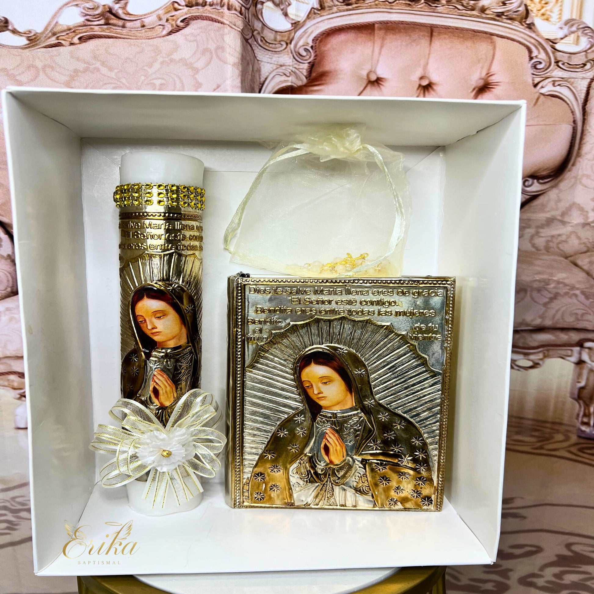 embossed Virgin of Guadalupe candle set by Erika Baptismal with detailed metal design for special ceremony