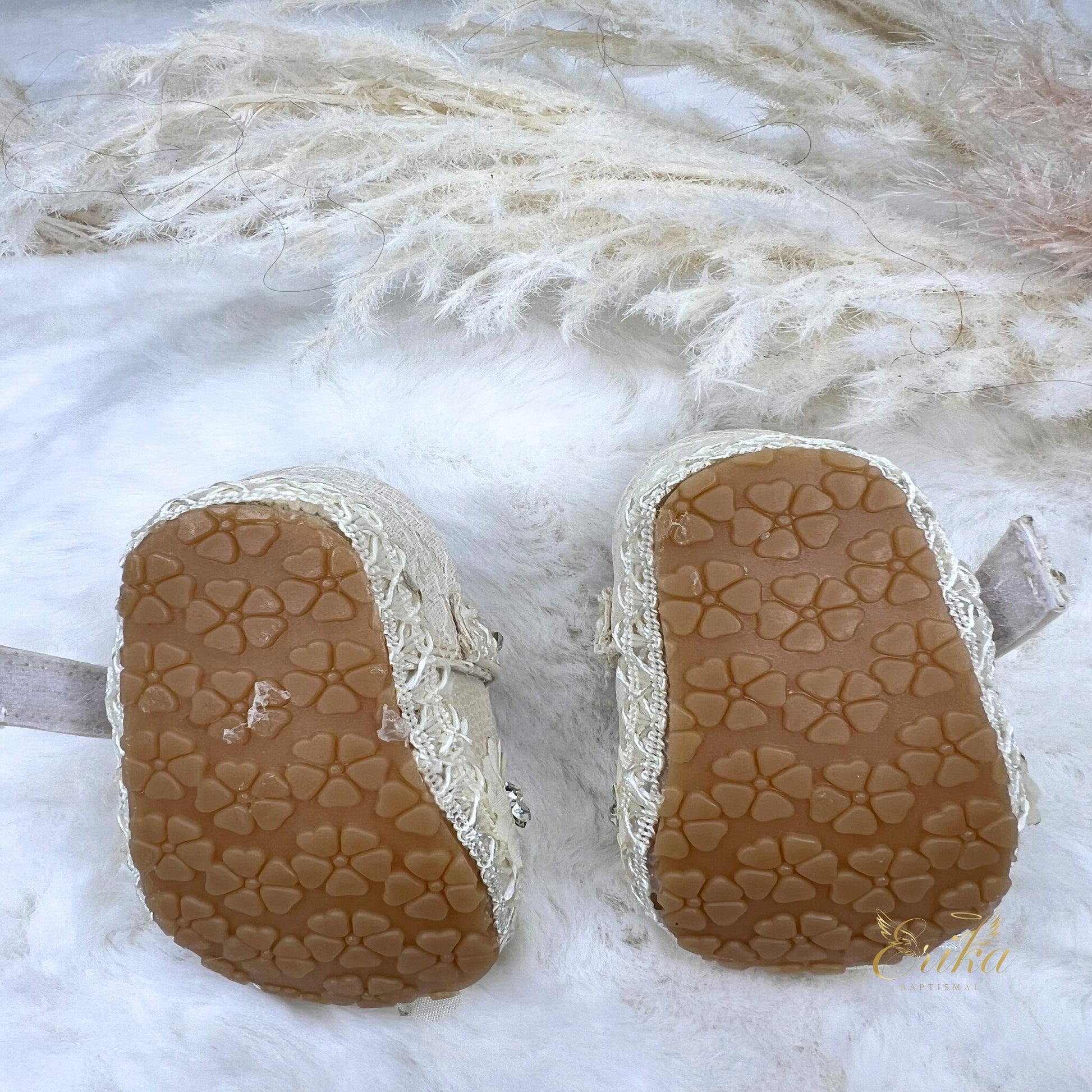 white baby girl christening shoes with 3D floral appliques and soft soles by Erika Baptismal