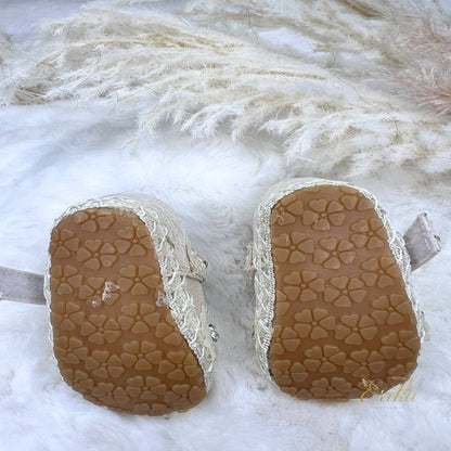 white baby girl christening shoes with 3D floral appliques and soft soles by Erika Baptismal