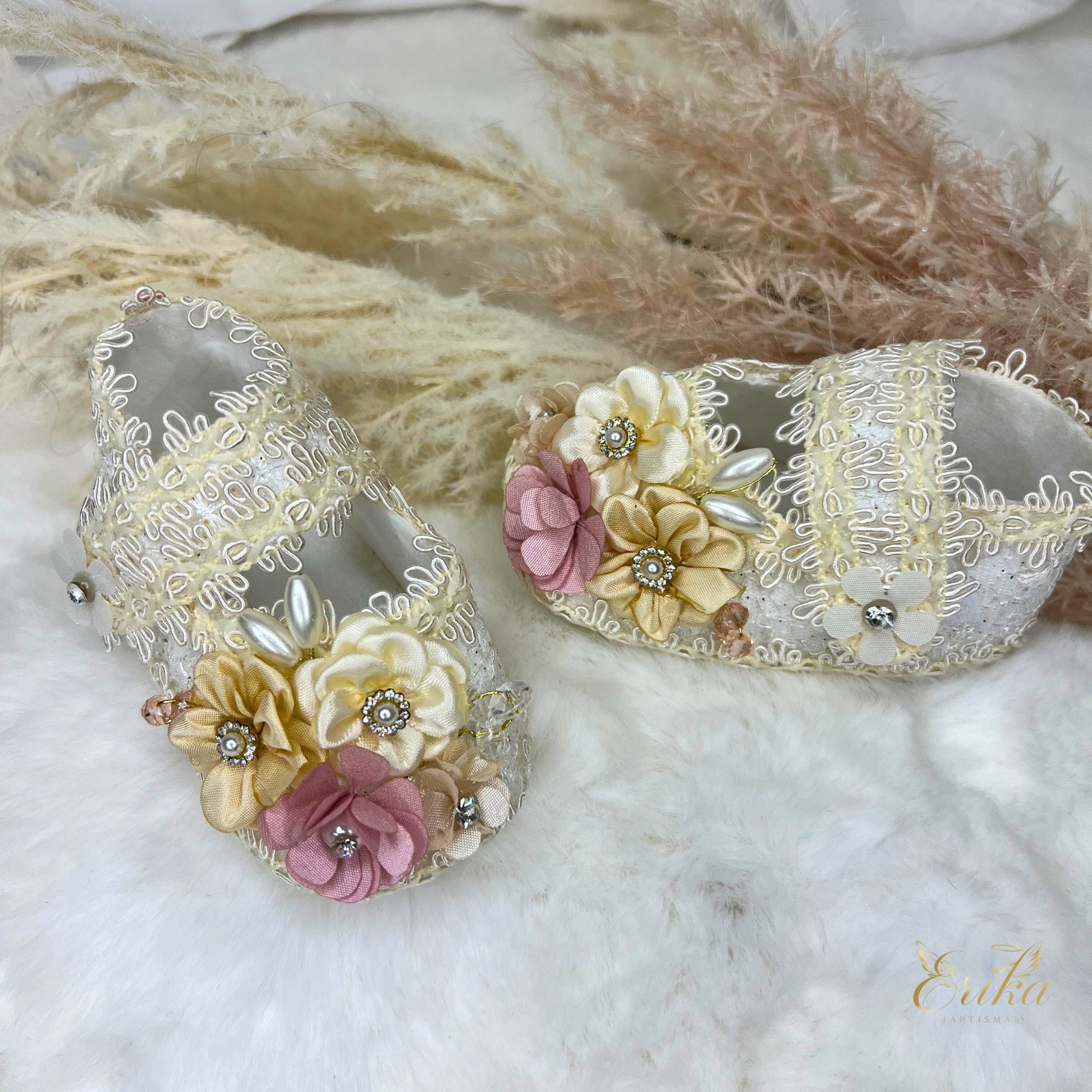 baby christening shoes with floral details and soft comfortable fabric