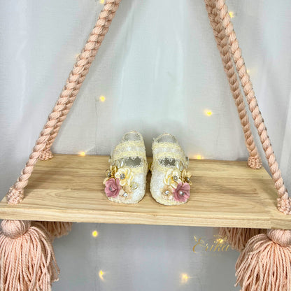 luxury baby baptism shoes with floral decorations and soft elegant fabric