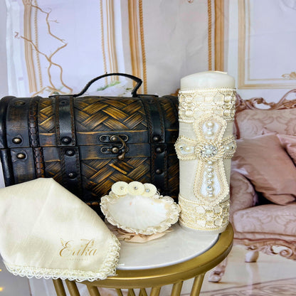 handmade christening candle set by Gael ideal for baptism ceremony and special gift
