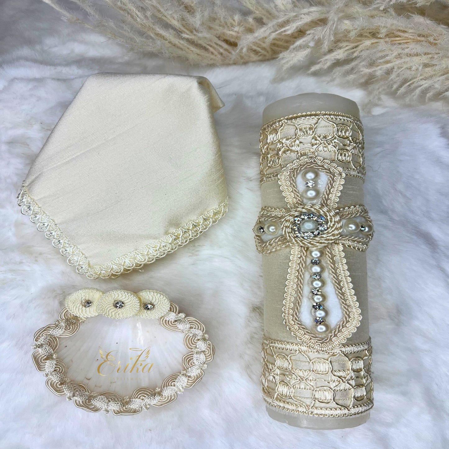 handmade Gael christening candle set for baptism with elegant decorative design