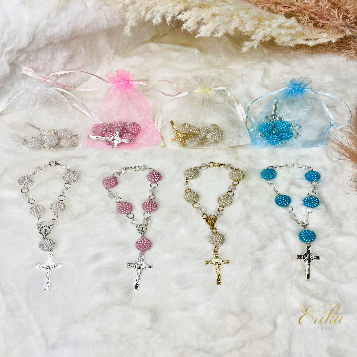 mini rosary set for baptism and first communion in white pink pearl and blue by Erika Baptismal with elegant design