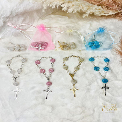 mini rosary set for baptism and first communion in white pink pearl and blue by Erika Baptismal with elegant design