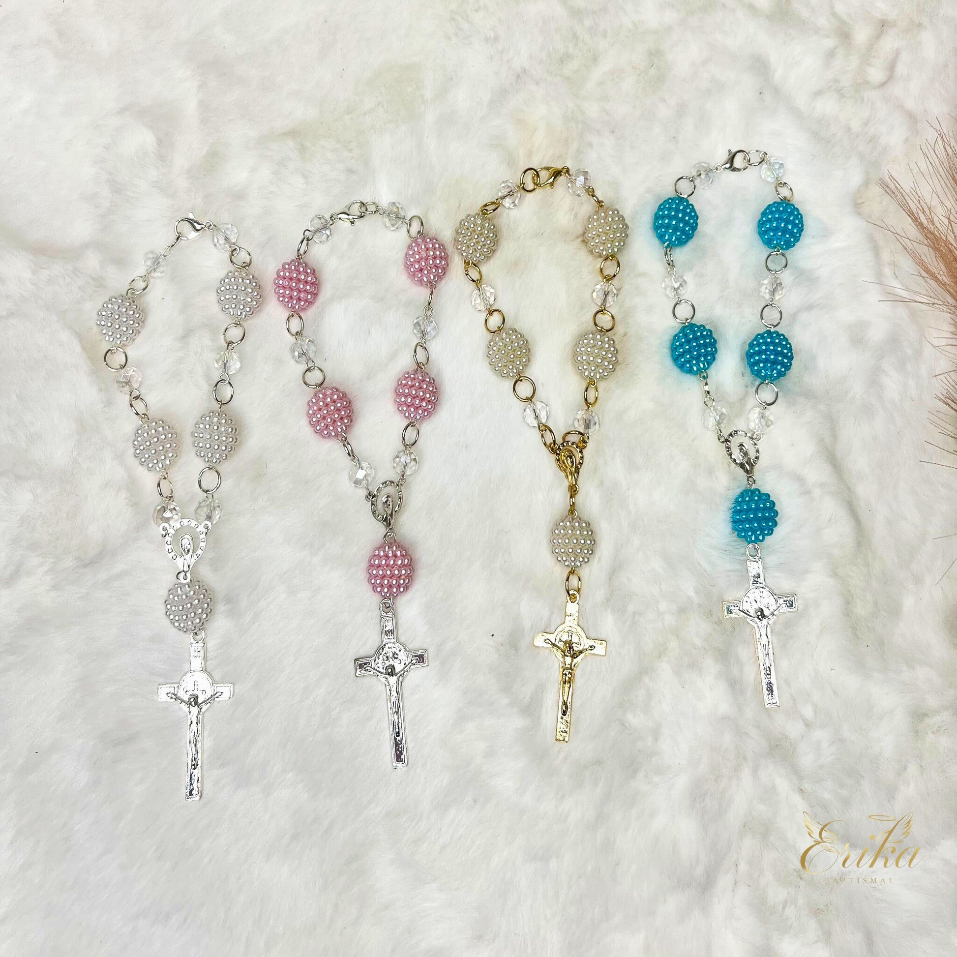 premium mini rosary collection for baptism and first communion in white pink pearl and blue by Erika Baptismal