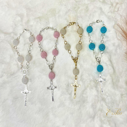 premium mini rosary collection for baptism and first communion in white pink pearl and blue by Erika Baptismal
