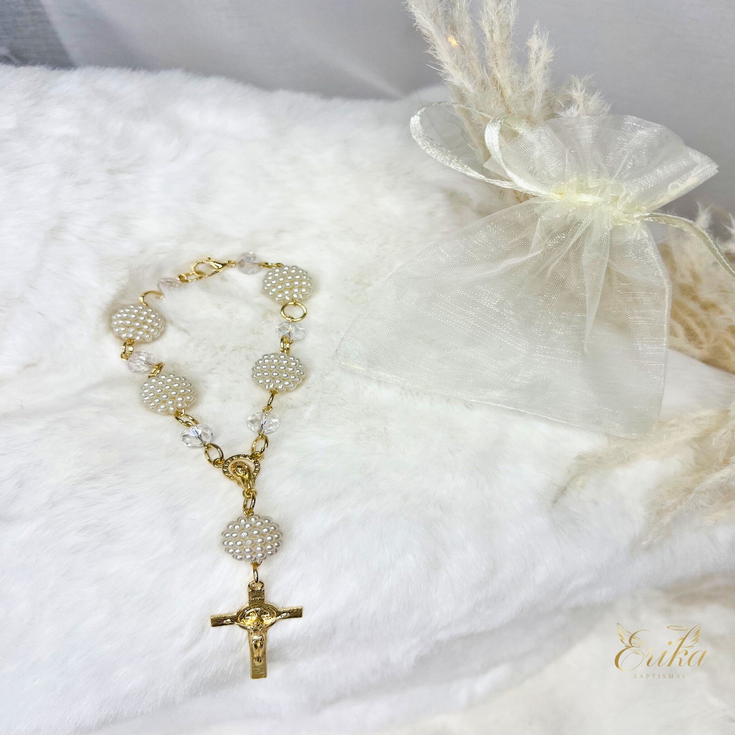 baptism and first communion mini rosary collection in white pink pearl and blue by Erika Baptismal with delicate beads