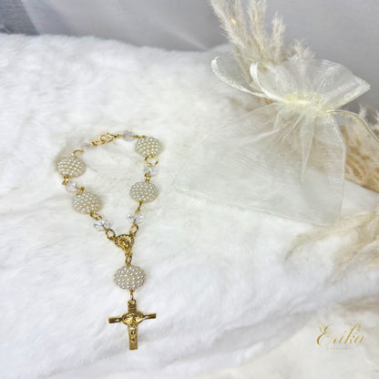 baptism and first communion mini rosary collection in white pink pearl and blue by Erika Baptismal with delicate beads