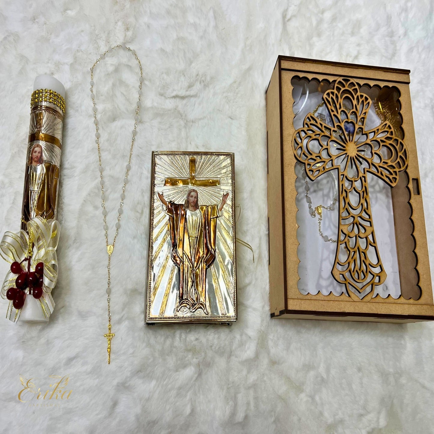Handcrafted wood box for religious candle set with a silver embossed Jesus Bible