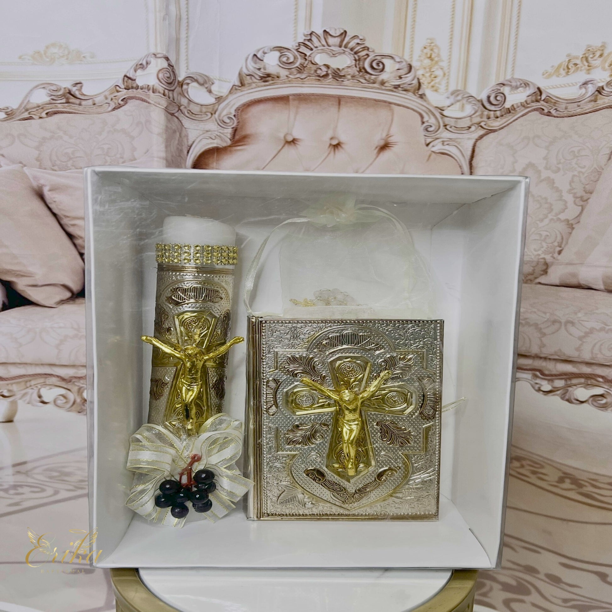Complete 4 piece religious set including candle Bible rosary and cross wood box