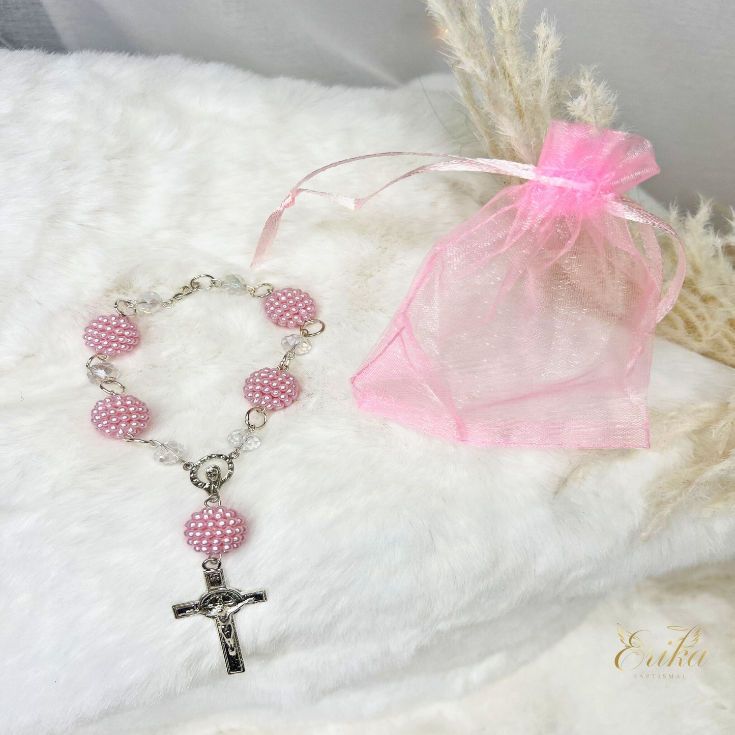 elegant mini rosary collection for baptism and communion in white pink pearl and blue by Erika Baptismal