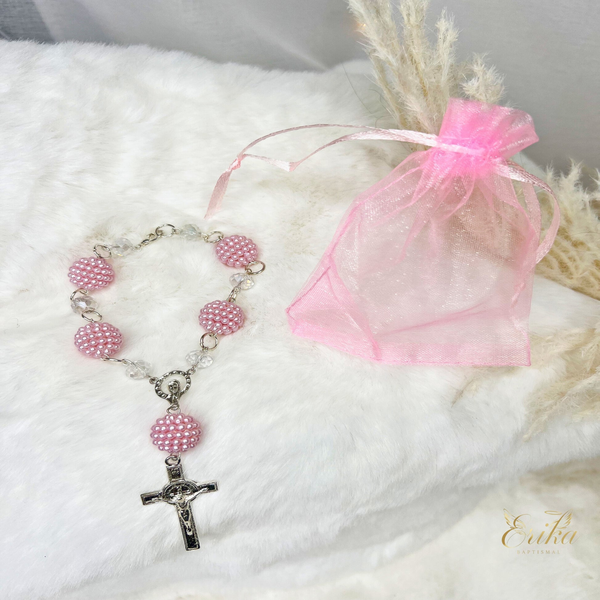 elegant mini rosary collection for baptism and communion in white pink pearl and blue by Erika Baptismal