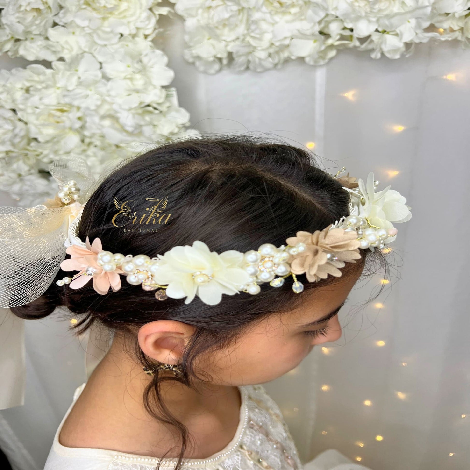 floral crown headband for baby christening by Erika Baptismal with soft fabric and elegant flower details