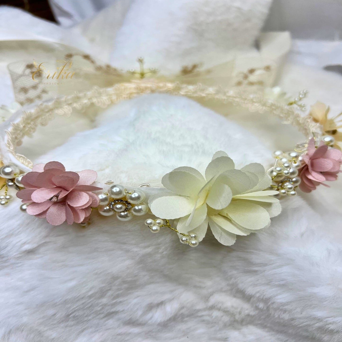 white floral crown headband for baby by Erika Baptismal with soft flowers and comfortable fit