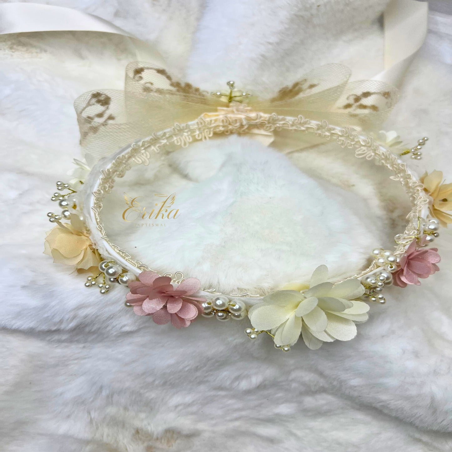 delicate baby floral crown headband by Erika Baptismal with fine flower details and soft band