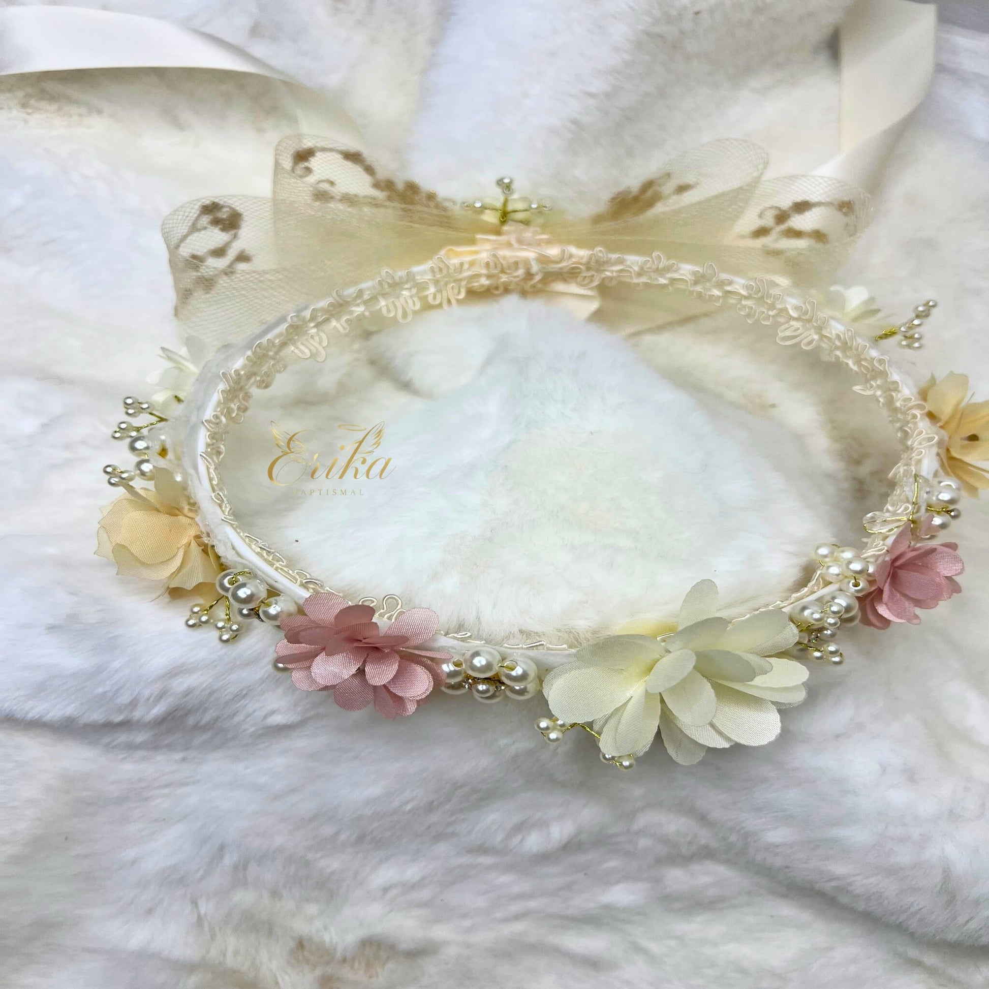 delicate baby floral crown headband by Erika Baptismal with fine flower details and soft band