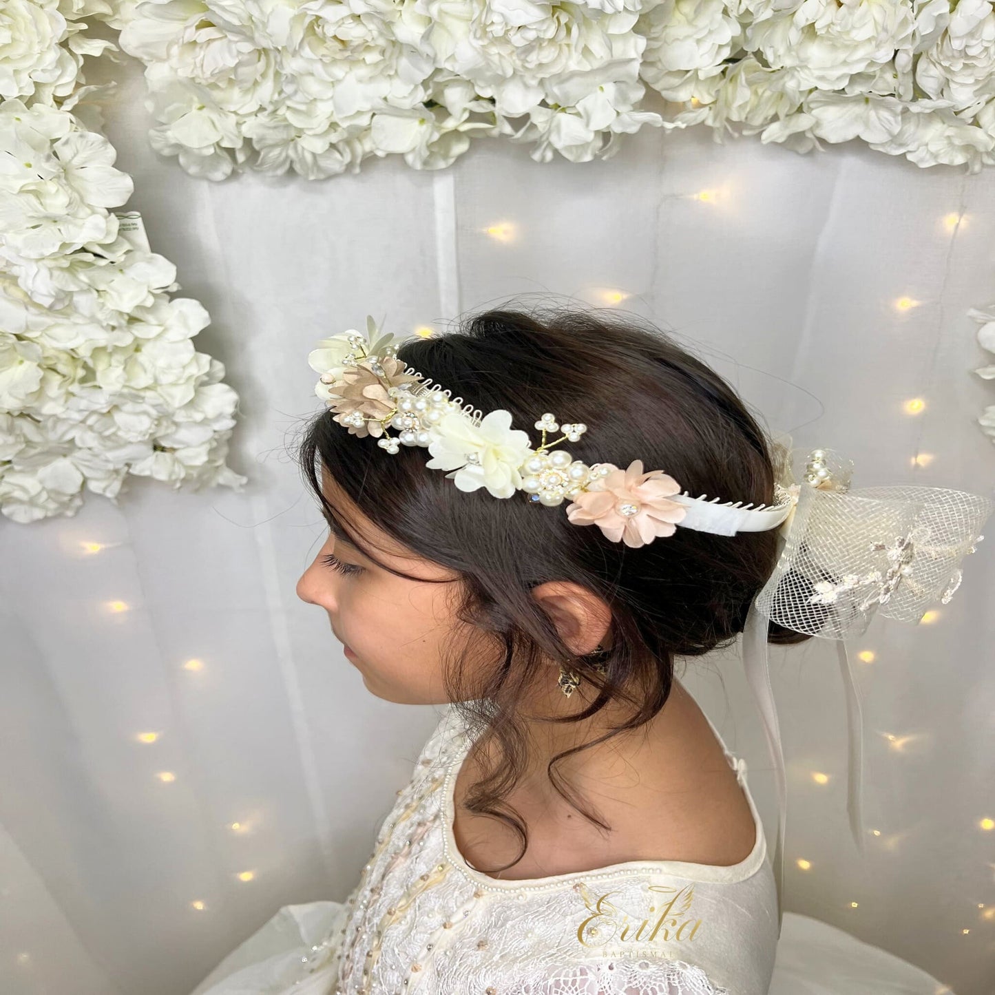 baby floral crown headband by Erika Baptismal with delicate flowers and soft comfortable fit