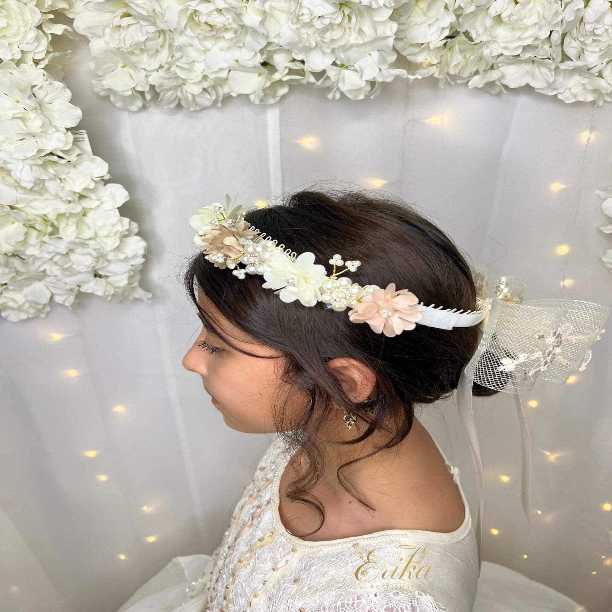 baby floral crown headband by Erika Baptismal with delicate flowers and soft comfortable fit