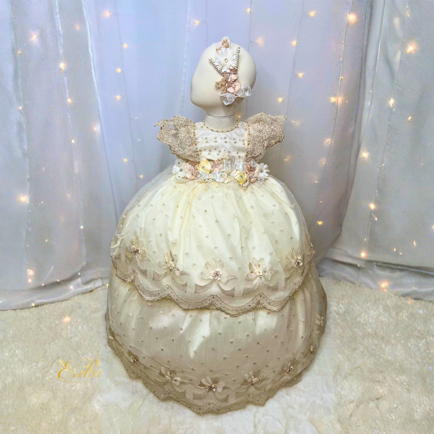 budget pearl baby christening dress with ruffles floral embroidery and matching headband or bonnet