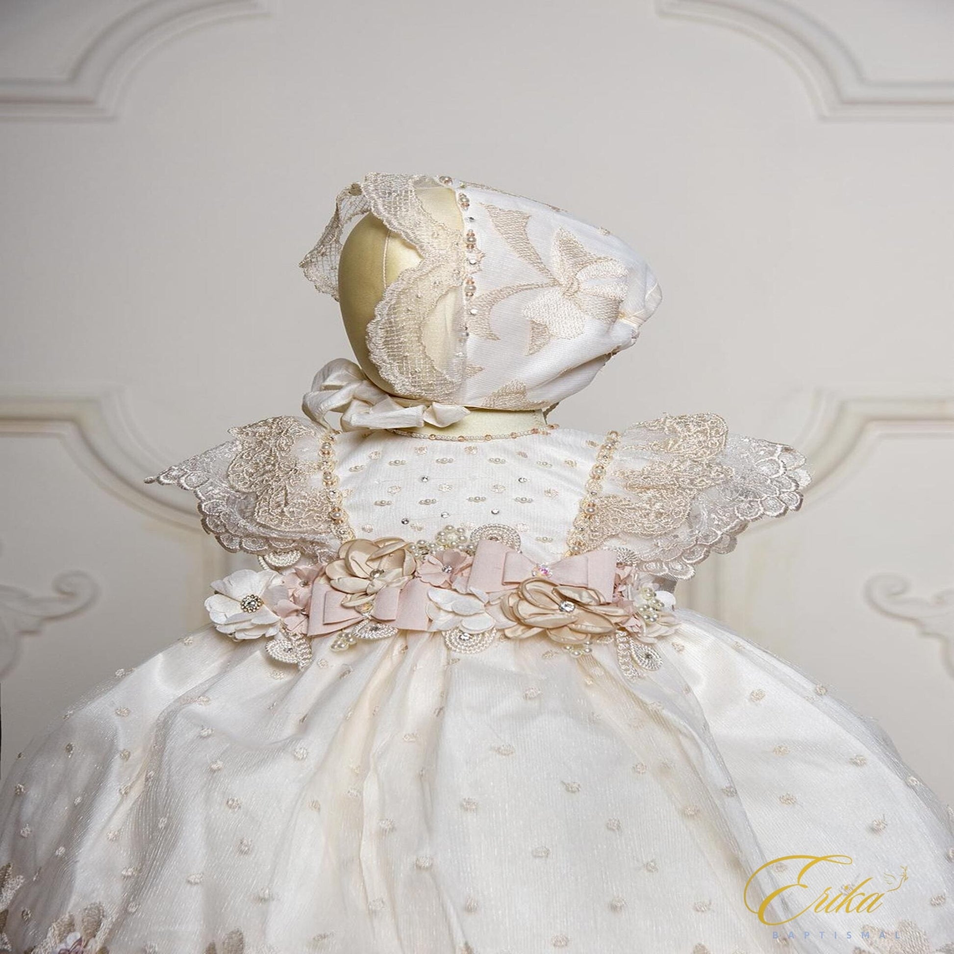 pretty low cost baby baptism gown with soft lace details and fresh spring design