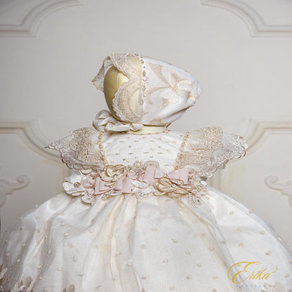 pretty low cost baby baptism gown with soft lace details and fresh spring design