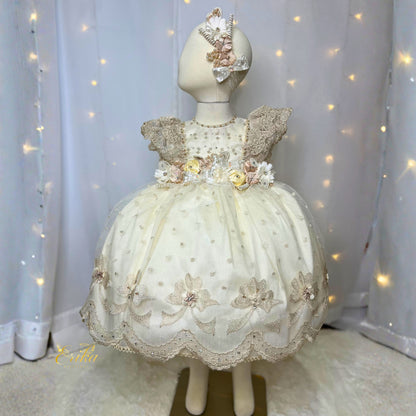 short pearl baby christening dress with ruffles floral embroidery and matching headband or bonnet