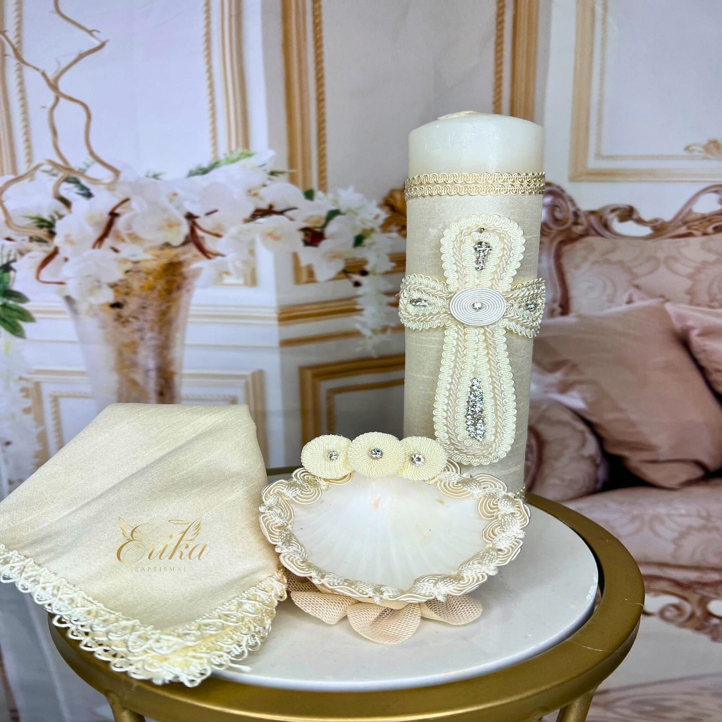 Infant boy baptism set with pearl-decorated candle and soft white velvet accents