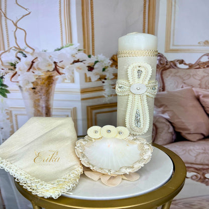 Infant boy baptism set with pearl-decorated candle and soft white velvet accents