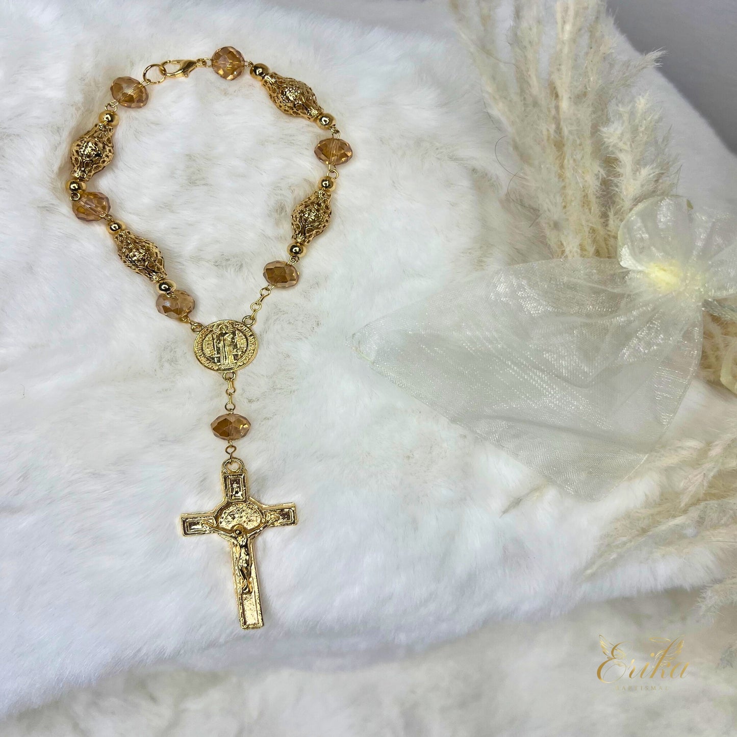 Hand-assembled crystal and gold mystery for baptismal guest favors by Erika Baptismal