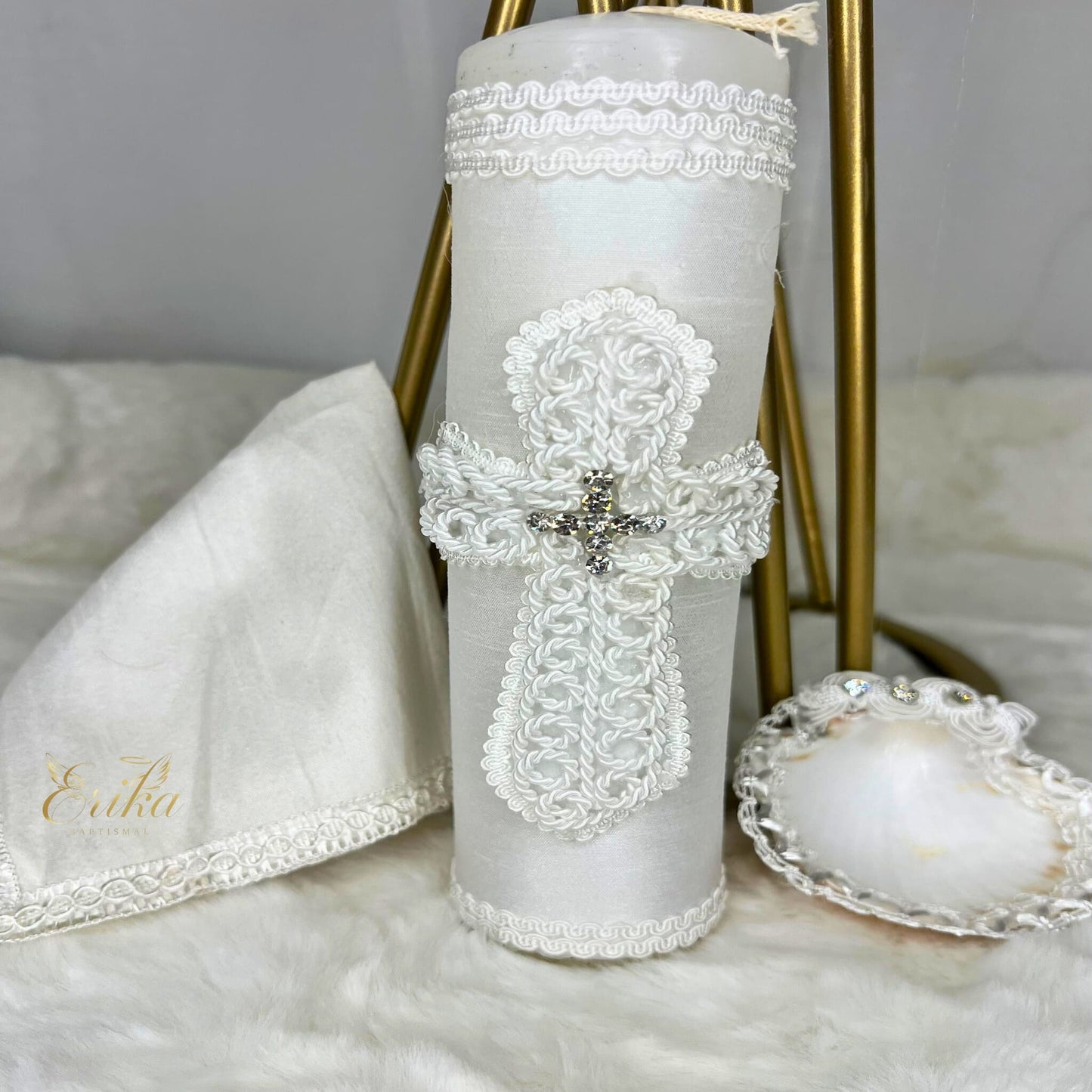 Delicate white christening set for infant boys with pearl rows and lace trim