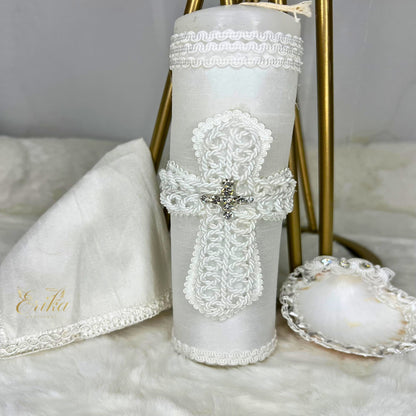 Delicate white christening set for infant boys with pearl rows and lace trim