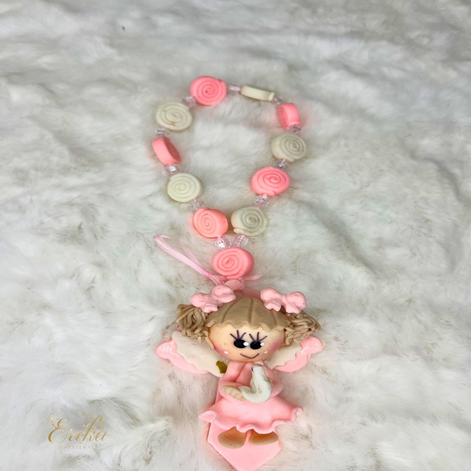 Colorful cold porcelain Virgin Mary mini rosary for baptism favors by Erika Baptismal