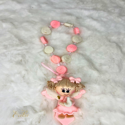 Colorful cold porcelain Virgin Mary mini rosary for baptism favors by Erika Baptismal