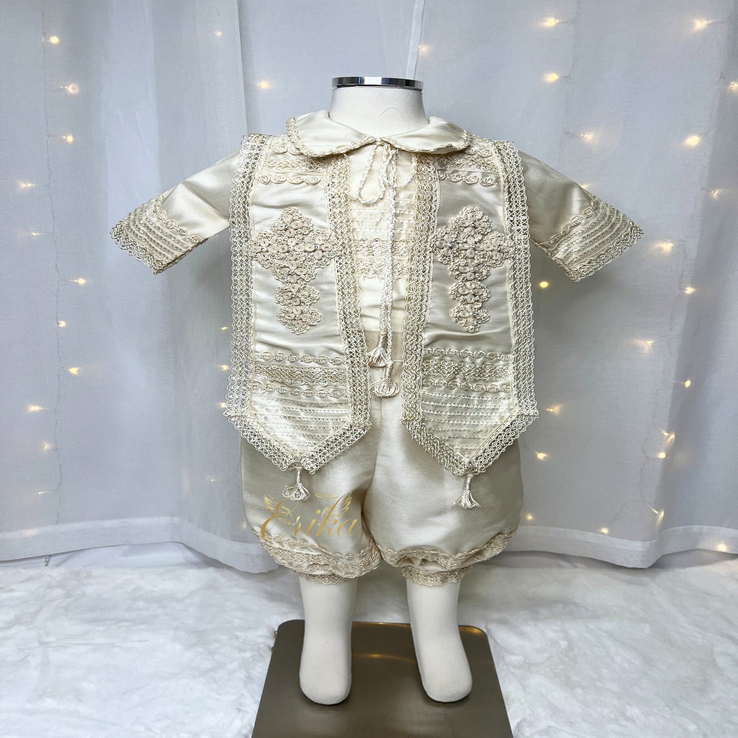deluxe pearl baby boy baptism suit with embroidered vest shirt pants and bonnet