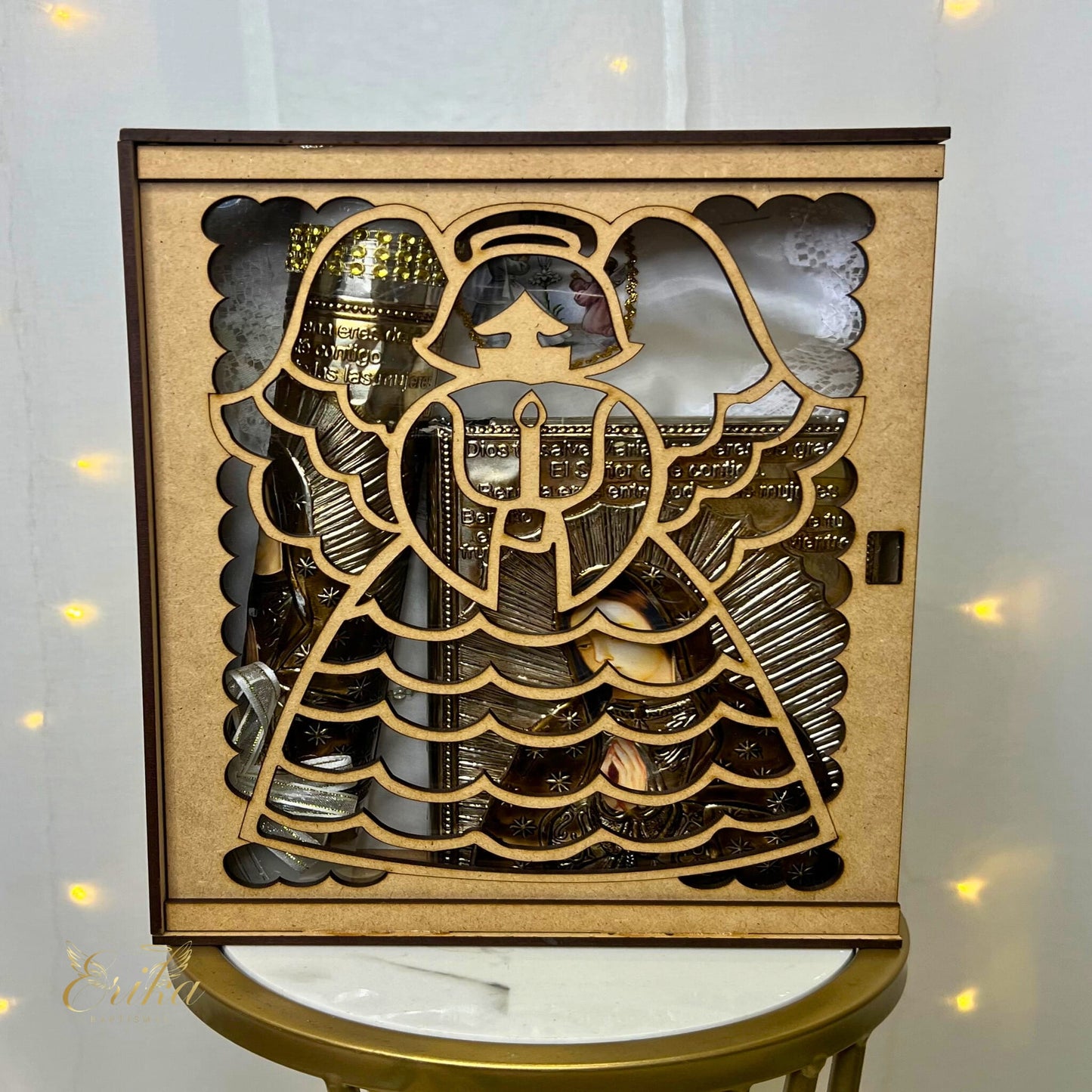 Handcrafted metal embossed wood box for First Communion candle set with Spanish Bible and rosary