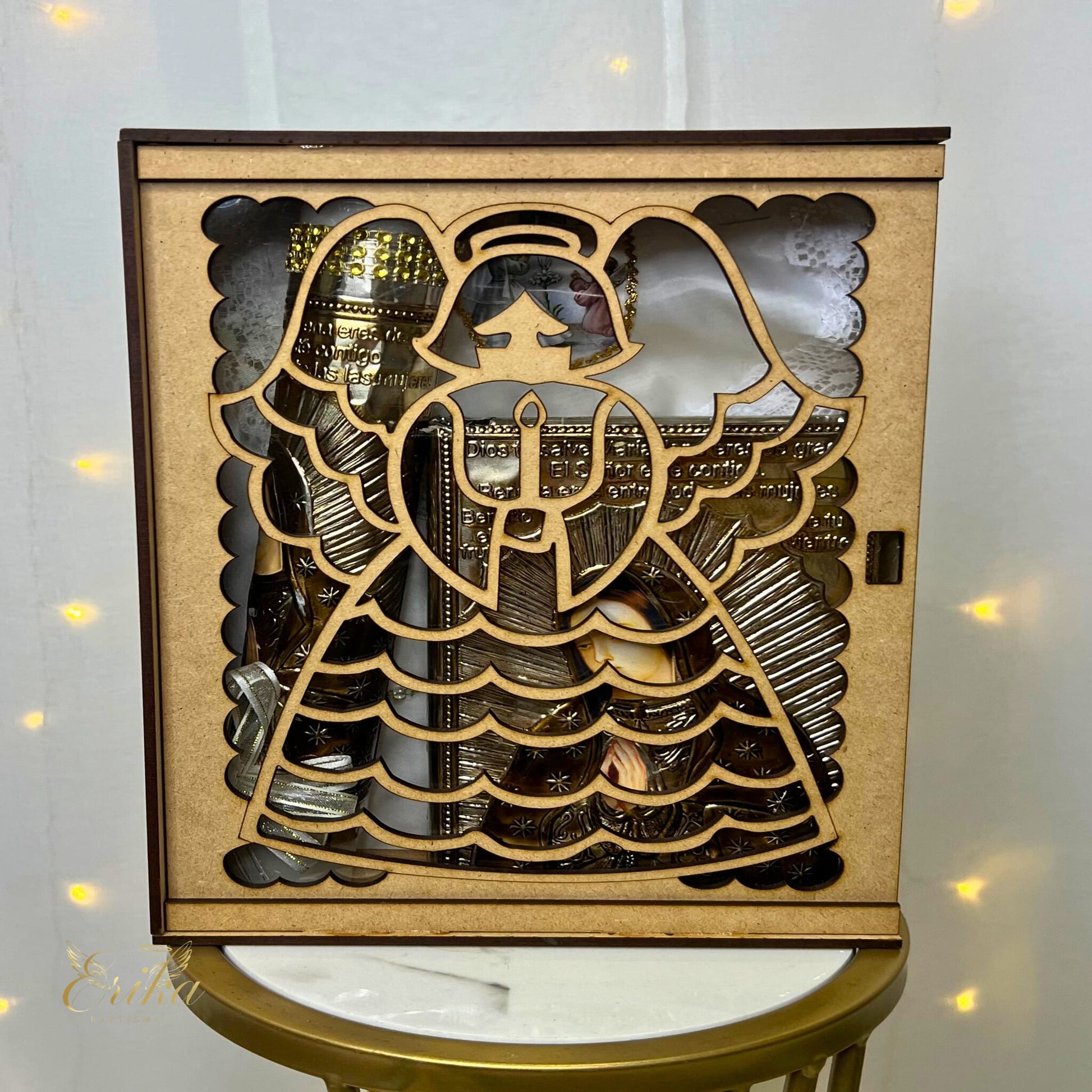 Handcrafted metal embossed wood box for First Communion candle set with Spanish Bible and rosary