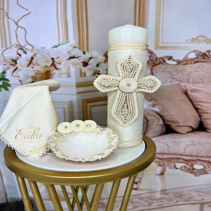 Boy's Ivory christening set with pearl-inlaid candle and matching baptismal shelly 