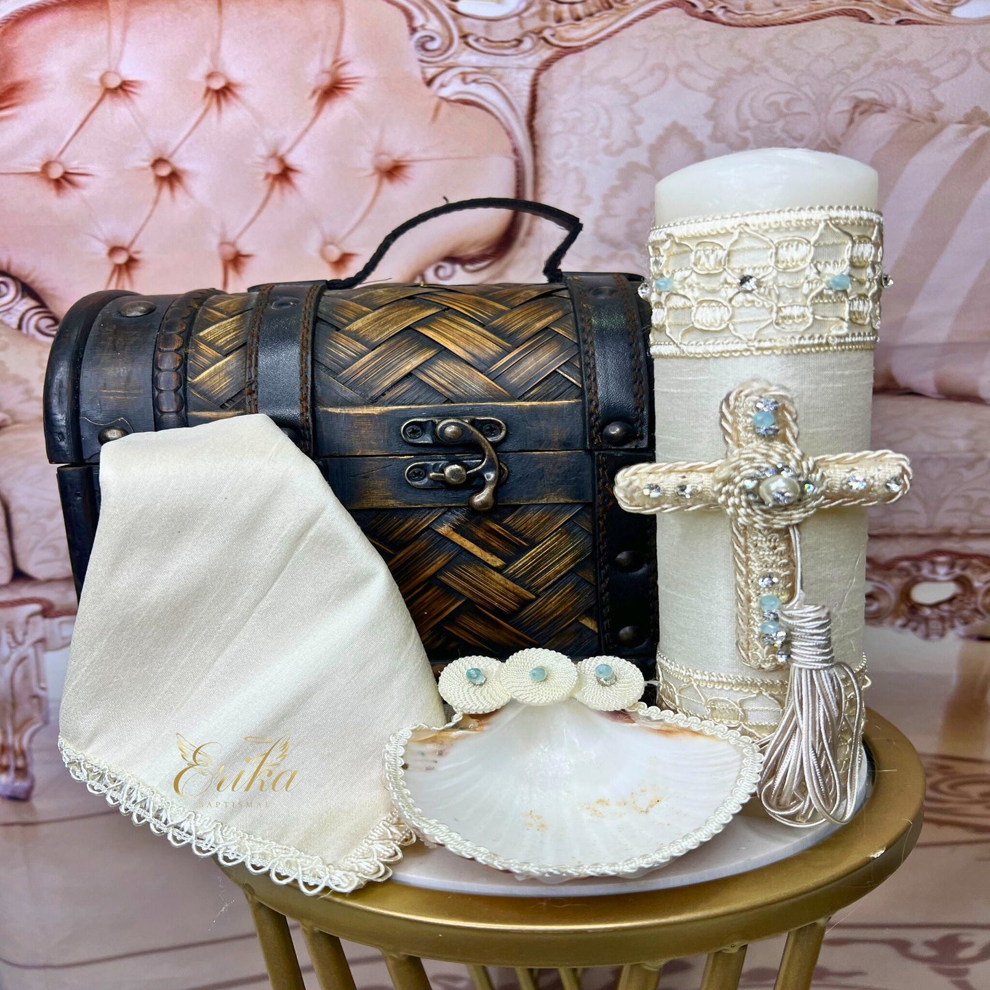 White boy's baptism set with pearls and subtle blue crystal accents on the candle