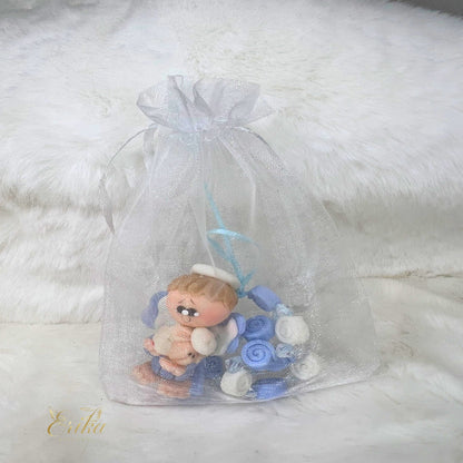 Handcrafted cold porcelain angel keepsake for boy's baptism by Erika Baptismal